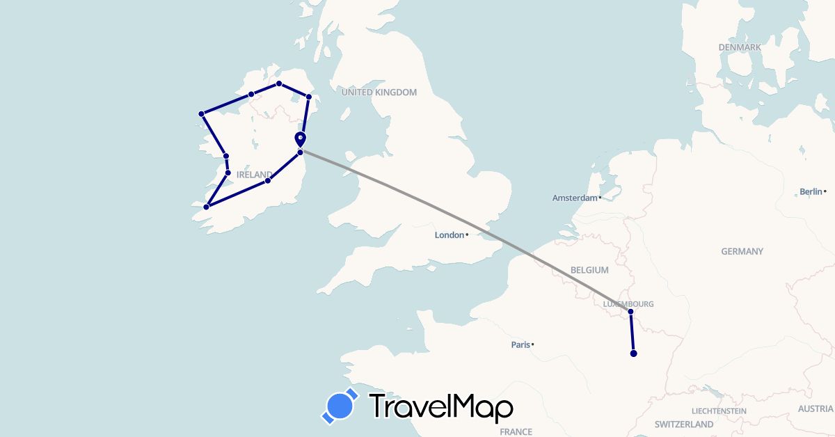 TravelMap itinerary: driving, plane in France, United Kingdom, Ireland, Luxembourg (Europe)